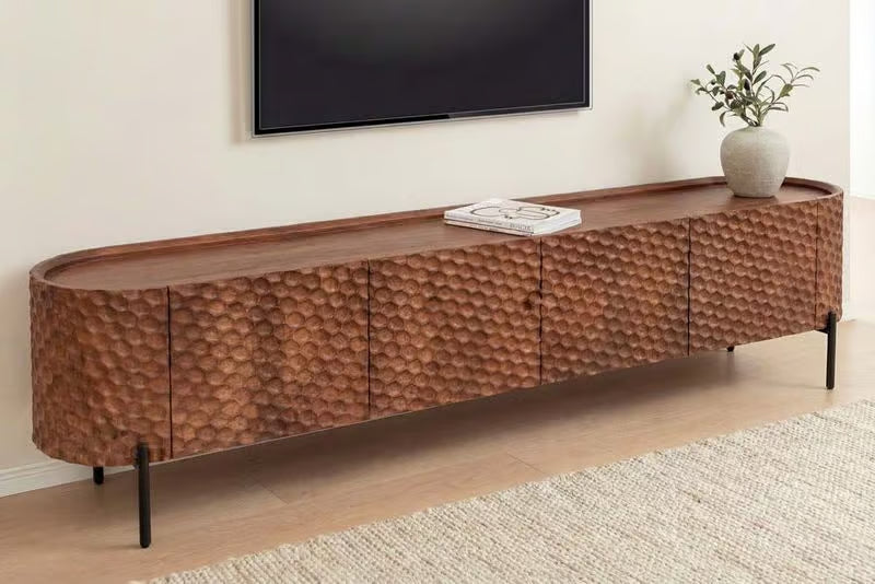 Massives TV-Board ADLON 200cm braun Mangoholz schwarz Metall Lowboard mit 3D- Front