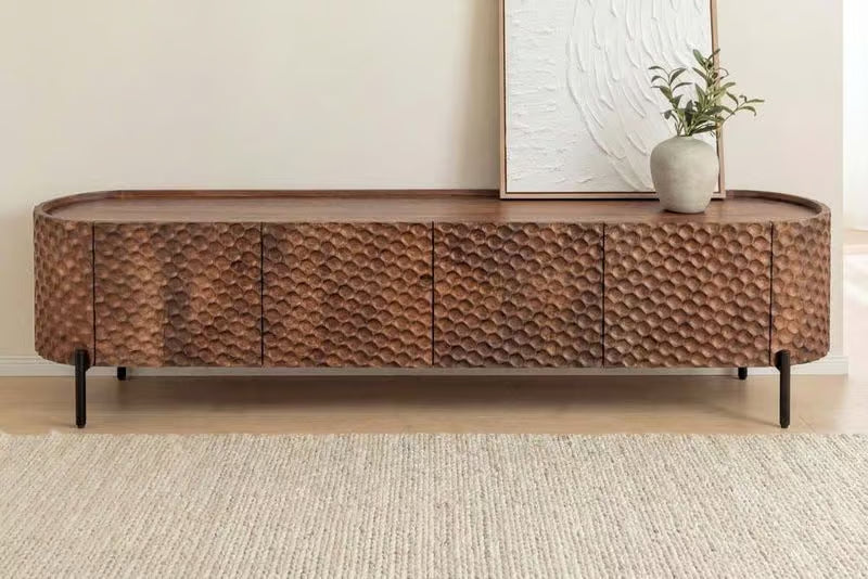 Massives TV-Board ADLON 200cm braun Mangoholz schwarz Metall Lowboard mit 3D- Front