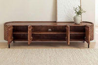 Massives TV-Board ADLON 200cm braun Mangoholz schwarz Metall Lowboard mit 3D- Front