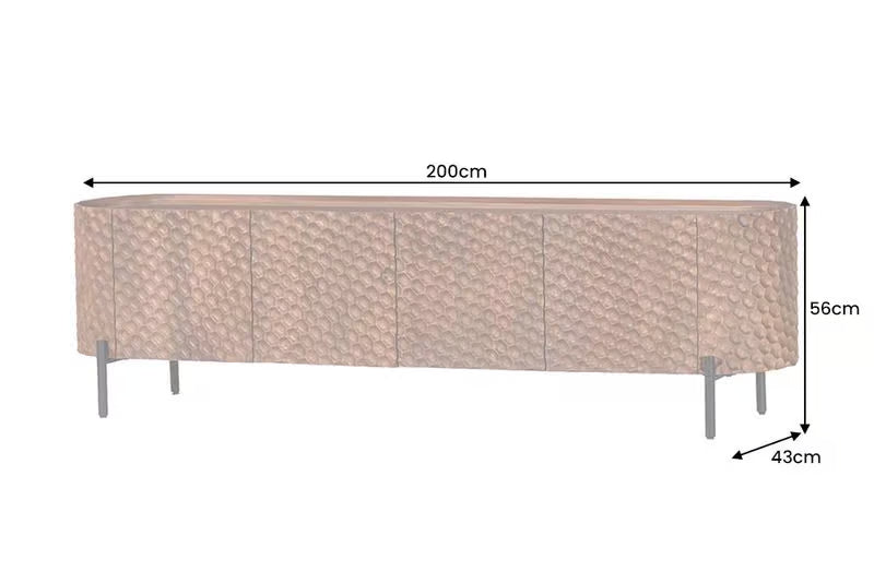 Massives TV-Board ADLON 200cm braun Mangoholz schwarz Metall Lowboard mit 3D- Front