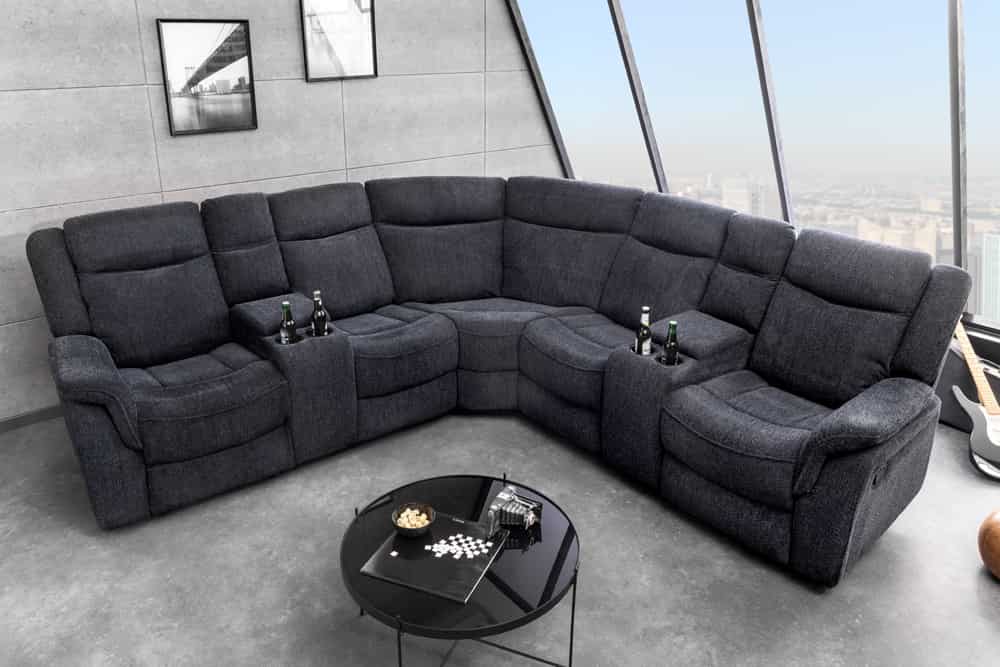 HOLLYWOOD 5-er Kinosessel Ecksofa 270 cm Strukturstoff dunkelgrau Federkern Getränkehalter Stauraum