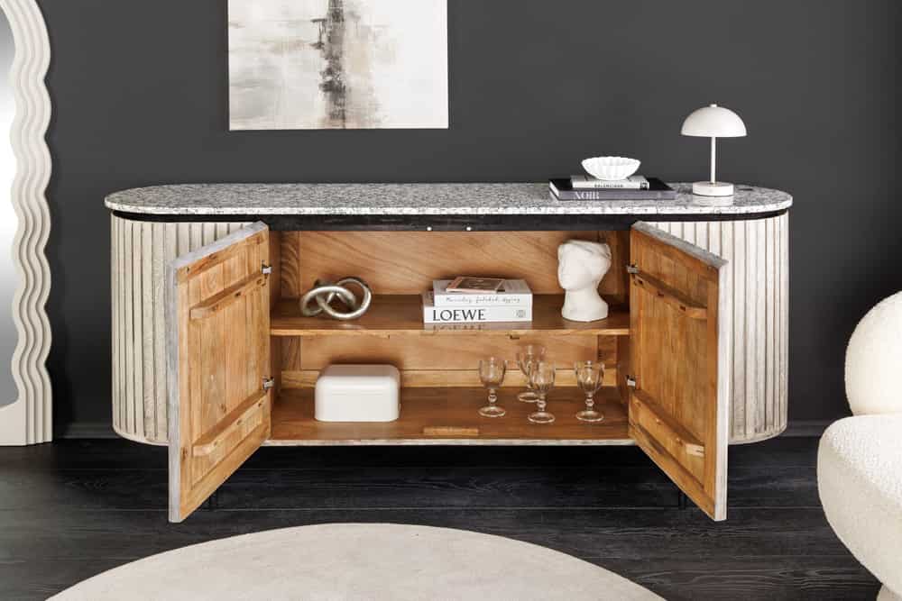 ADLON  Massives Sideboard 170cm grau gebürstet Mangoholz mit weißer Marmorplatte