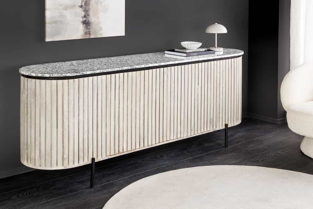 ADLON  Massives Sideboard 170cm grau gebürstet Mangoholz mit weißer Marmorplatte