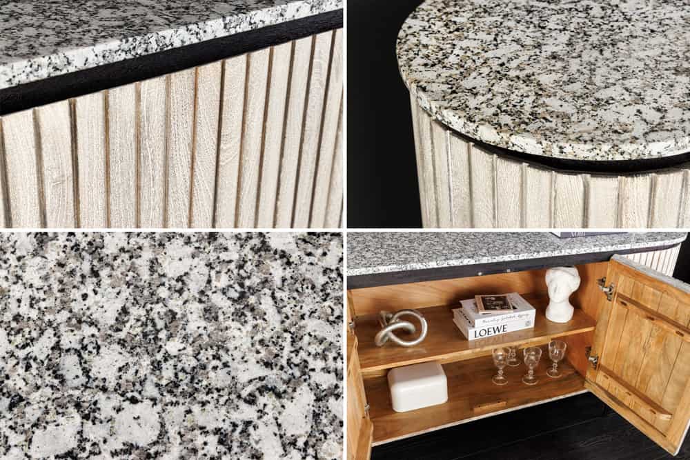 ADLON  Massives Sideboard 170cm grau gebürstet Mangoholz mit weißer Marmorplatte