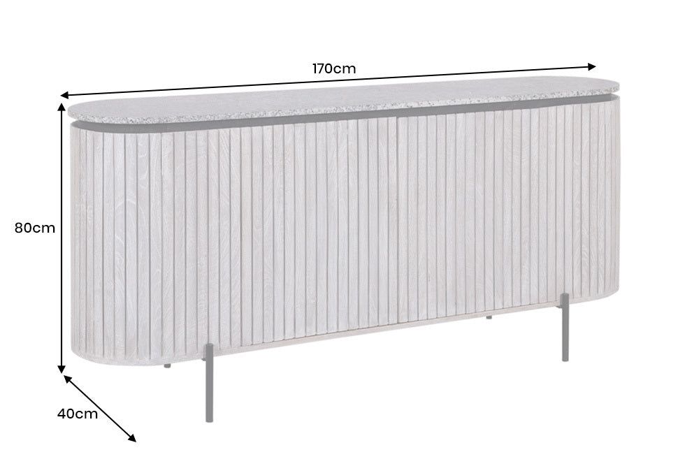 ADLON  Massives Sideboard 170cm grau gebürstet Mangoholz mit weißer Marmorplatte
