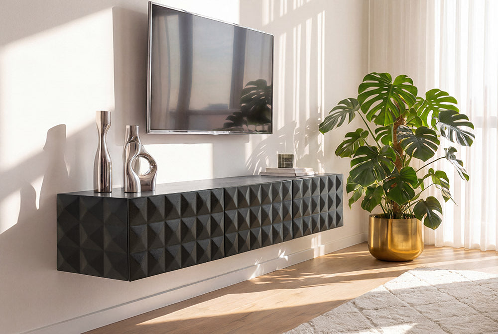 Hängendes TV-Lowboard VULCANO 160cm schwarz Mangoholz massiv
