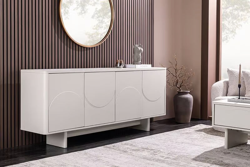Design Sideboard SAVOY 180cm kaschmir weiß Marmor Keramik mit Stauraum und 3D-Front