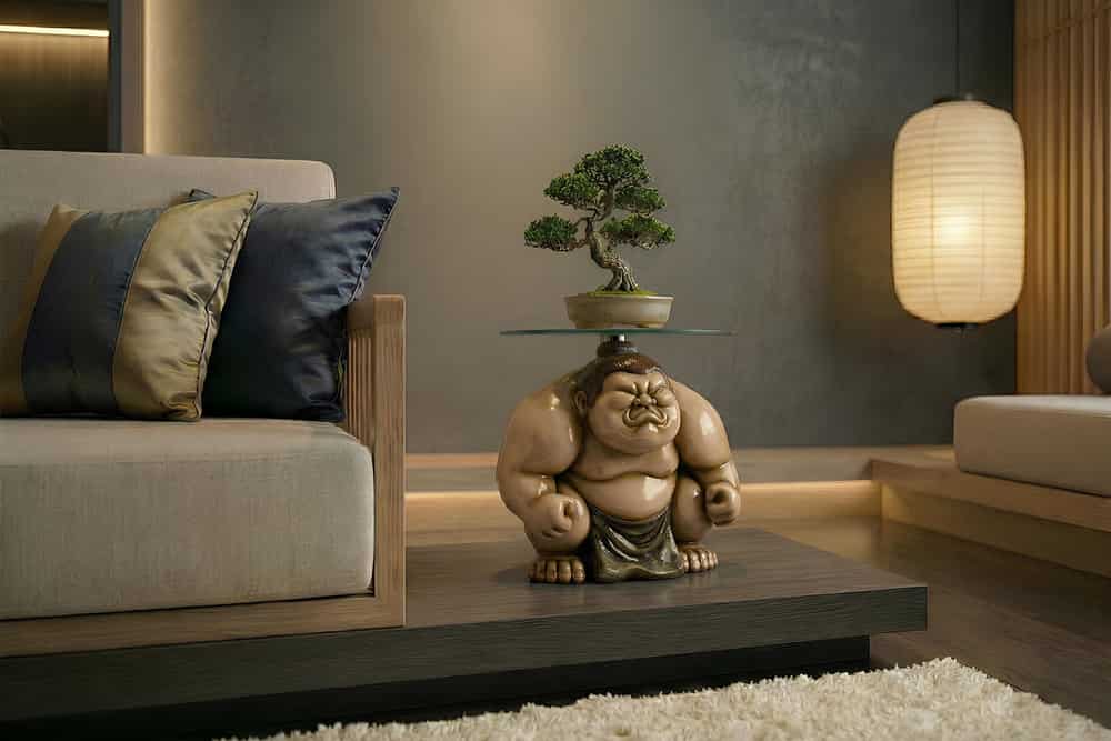 SUMO Runder Beistelltisch  30cm natur beige Skulptur handmade