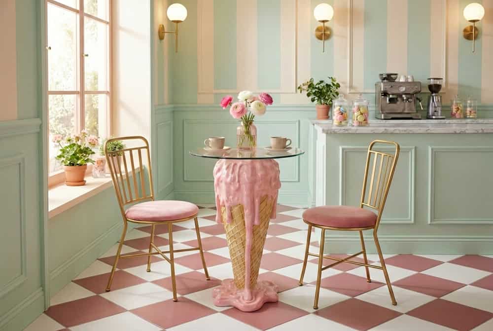 ICE CREAM Einzigartiger Bistrotisch  75cm beige rosa runde Tischplatte Glas handmade