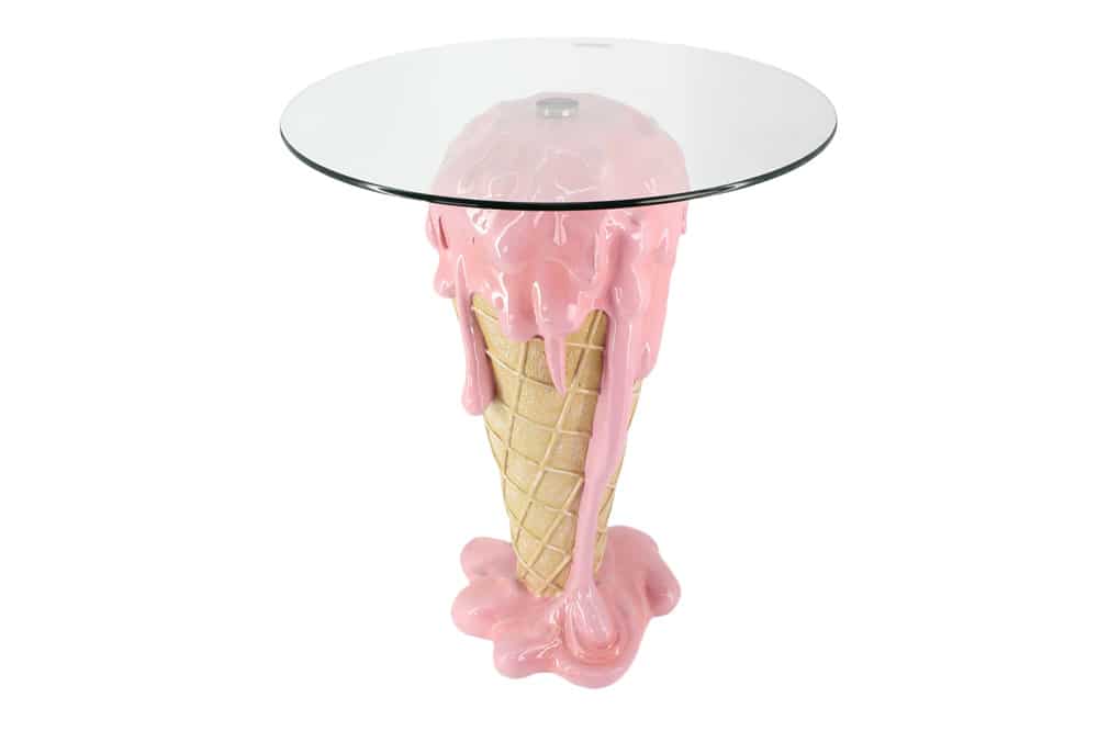 ICE CREAM Einzigartiger Bistrotisch  75cm beige rosa runde Tischplatte Glas handmade