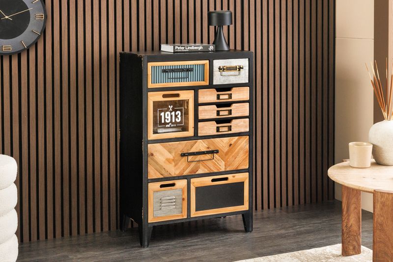 Industrial Schubladenschrank SECRETS 95cm natur braun schwarz Metall Pinienholz Kommode