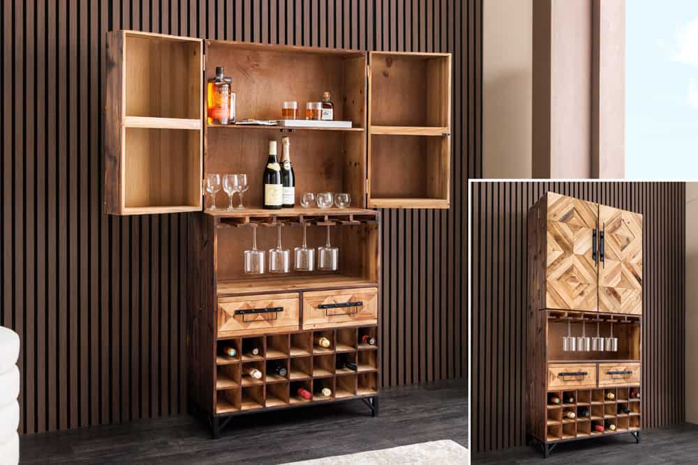Design Barschrank BODEGA 160cm natur Pinienholz Weinregal Glashalter Schubladen