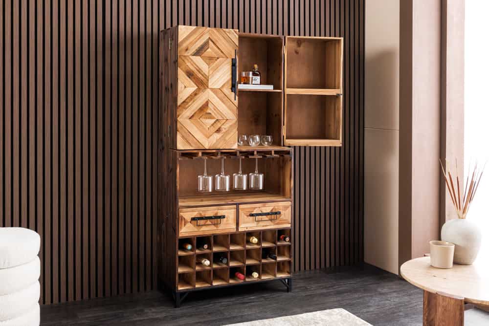 Design Barschrank BODEGA 160cm natur Pinienholz Weinregal Glashalter Schubladen