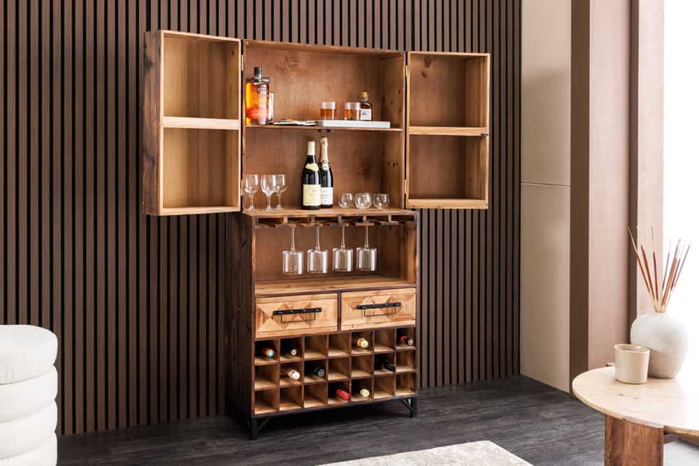 Design Barschrank BODEGA 160cm natur Pinienholz Weinregal Glashalter Schubladen
