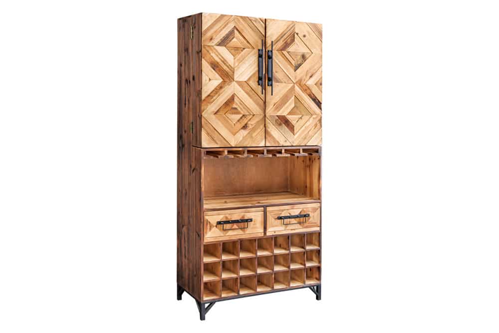 Design Barschrank BODEGA 160cm natur Pinienholz Weinregal Glashalter Schubladen