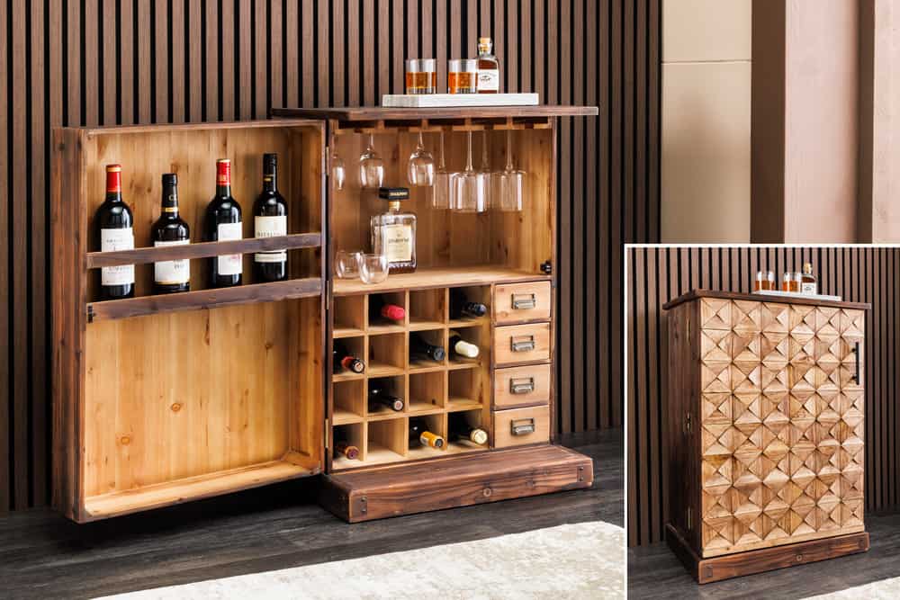 Design Barschrank BODEGA 90cm natur Pinienholz Weinregal Glashalter Schubladen