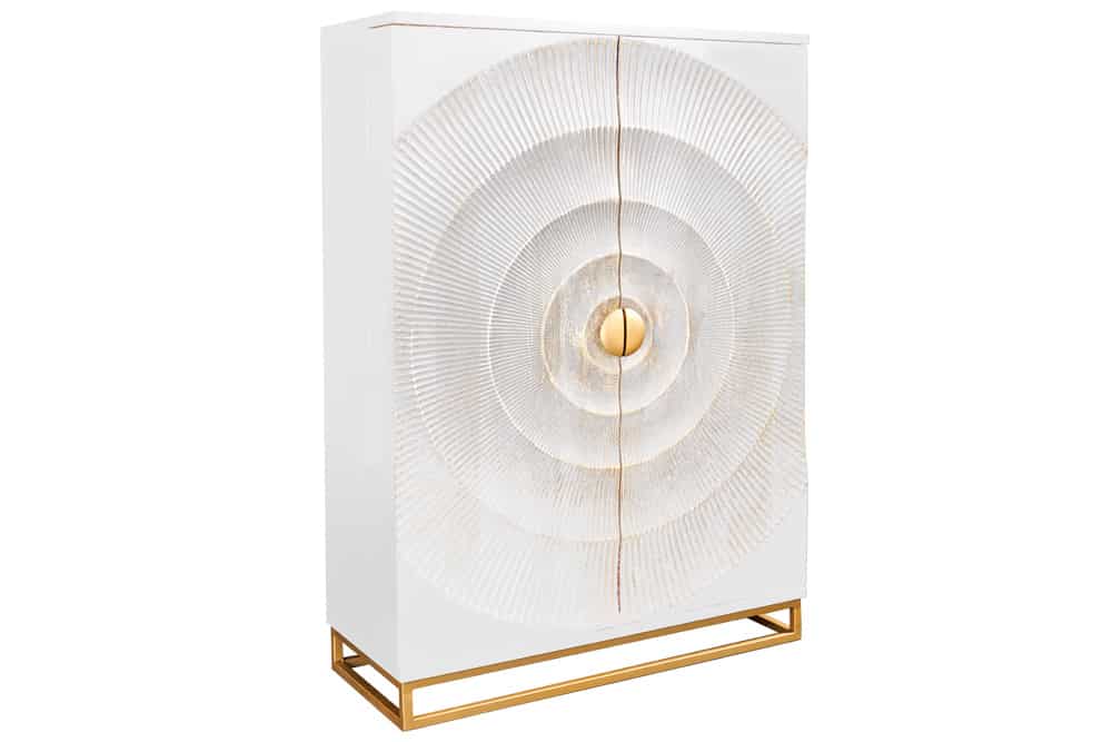 GOLDEN SUNSET Handgearbeiteter Barschrank  140cm Weiß gold Mangoholz massiv