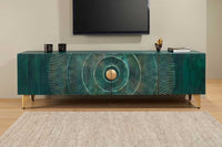 GOLDEN SUNSET Handgearbeitetes TV-Lowboard 180cm türkis gold Mangoholz massiv Metallfüße