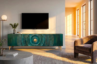 GOLDEN SUNSET Handgearbeitetes TV-Lowboard 180cm türkis gold Mangoholz massiv Metallfüße
