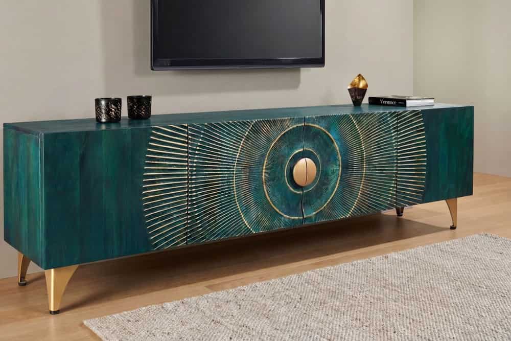 GOLDEN SUNSET Handgearbeitetes TV-Lowboard 180cm türkis gold Mangoholz massiv Metallfüße