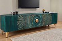 GOLDEN SUNSET Handgearbeitetes TV-Lowboard 180cm türkis gold Mangoholz massiv Metallfüße