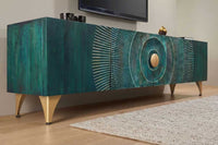 GOLDEN SUNSET Handgearbeitetes TV-Lowboard 180cm türkis gold Mangoholz massiv Metallfüße