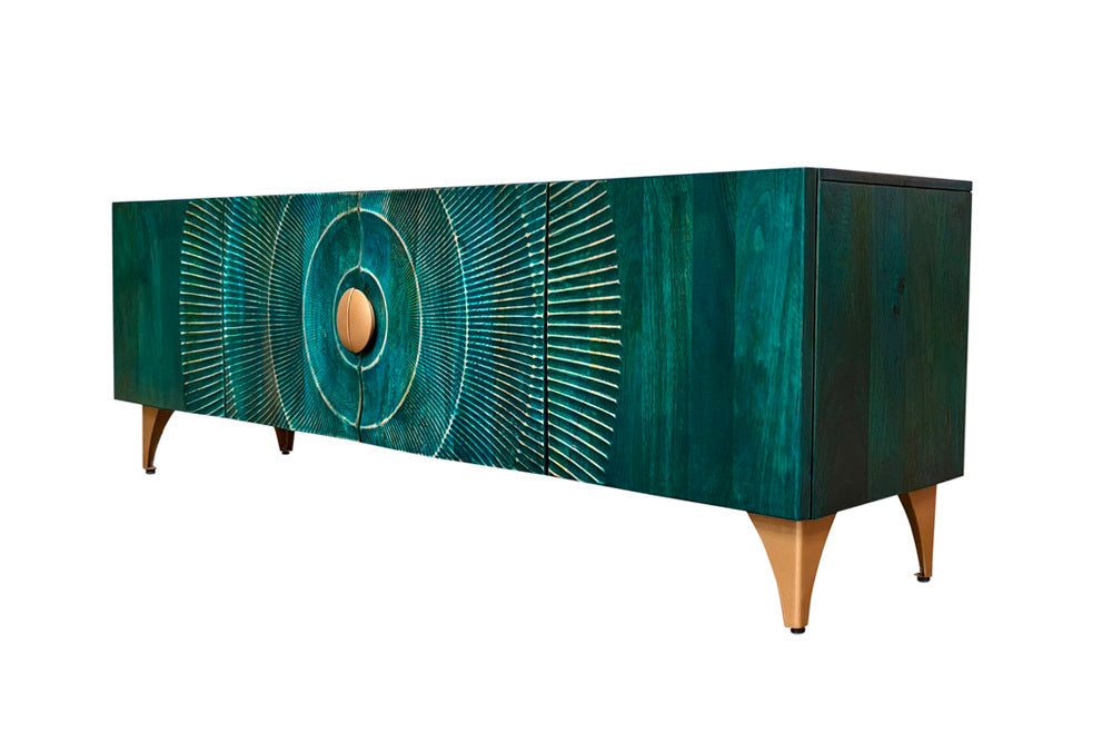 GOLDEN SUNSET Handgearbeitetes TV-Lowboard 180cm türkis gold Mangoholz massiv Metallfüße