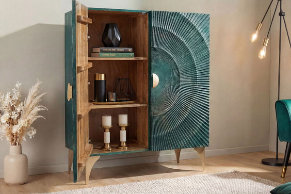 GOLDEN SUNSET Handgearbeitetes Highboard 120cm türkis gold Mangoholz