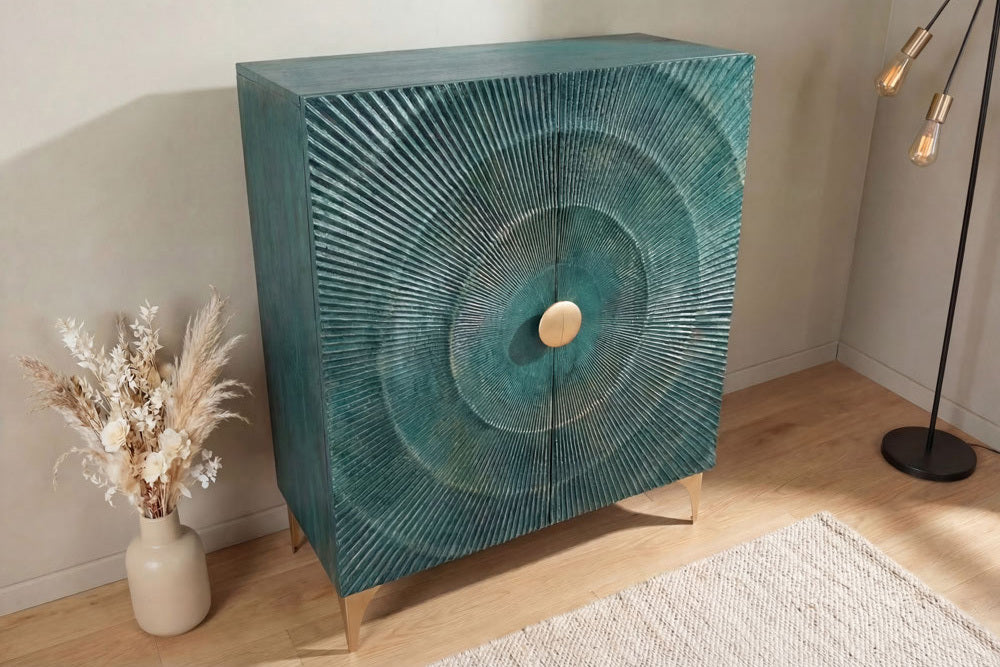 GOLDEN SUNSET Handgearbeitetes Highboard 120cm türkis gold Mangoholz