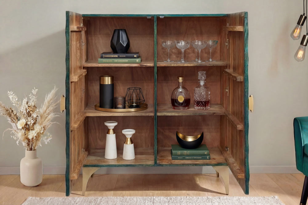 GOLDEN SUNSET Handgearbeitetes Highboard 120cm türkis gold Mangoholz