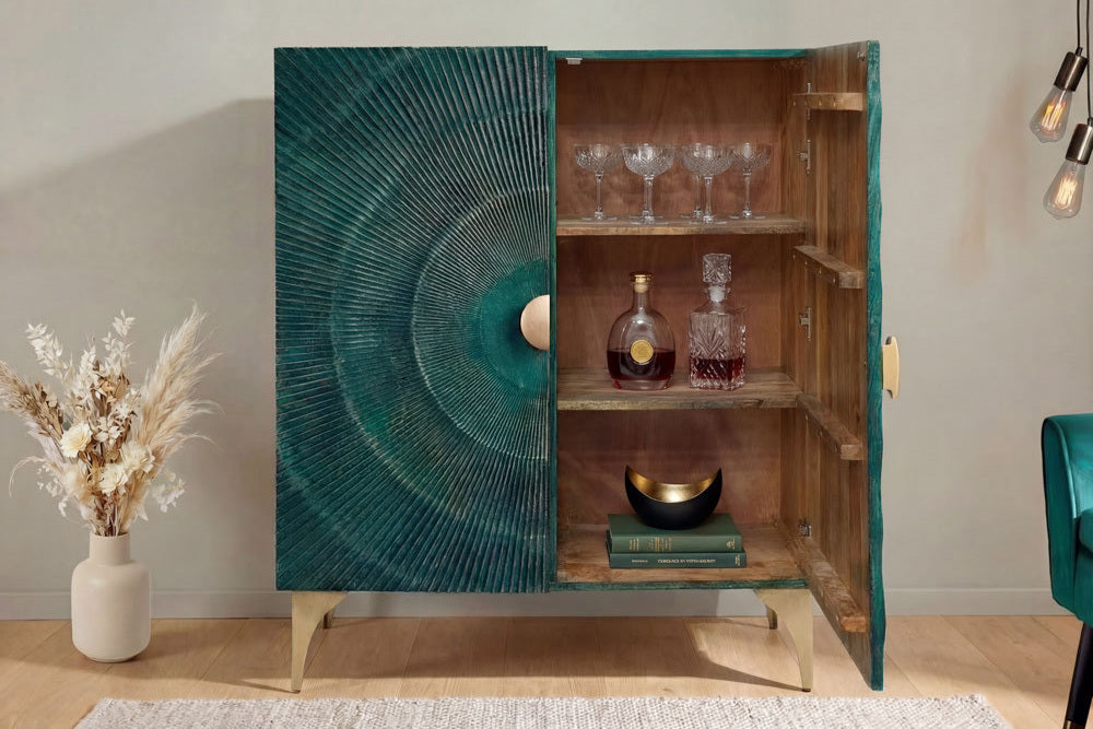 GOLDEN SUNSET Handgearbeitetes Highboard 120cm türkis gold Mangoholz