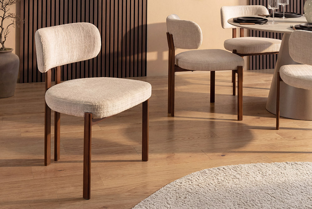 Design Stuhl BELLANO creme beige Chenille Cremona Metallgestell Walnuss