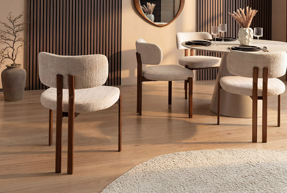 Design Stuhl BELLANO creme beige Chenille Cremona Metallgestell Walnuss