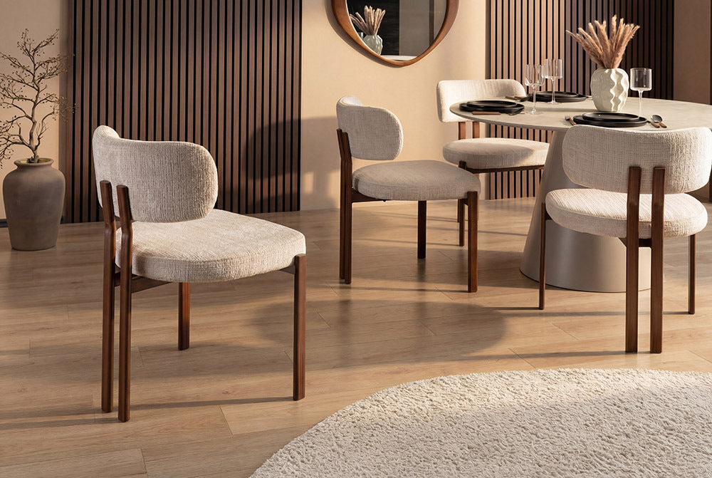 Design Stuhl BELLANO creme beige Chenille Cremona Metallgestell Walnuss