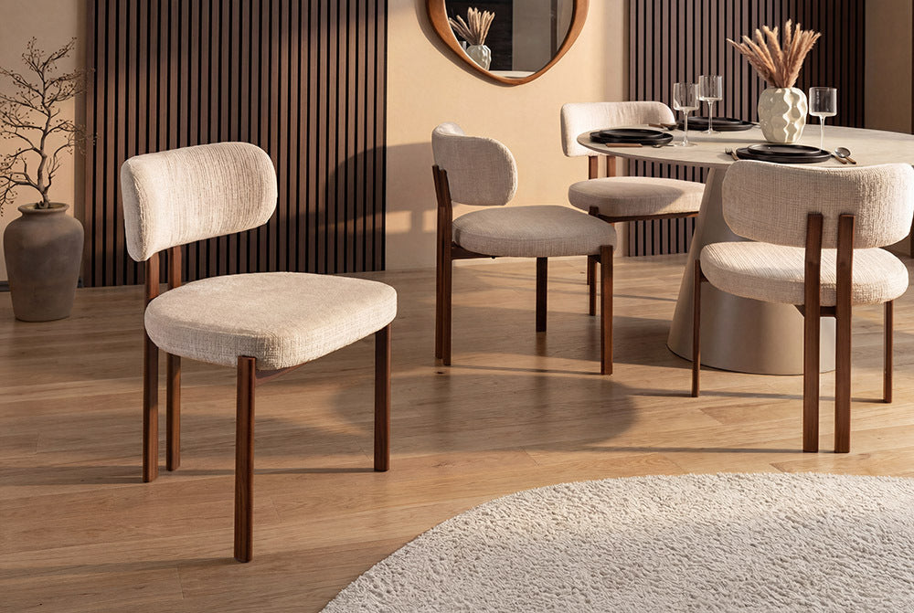 Design Stuhl BELLANO creme beige Chenille Cremona Metallgestell Walnuss