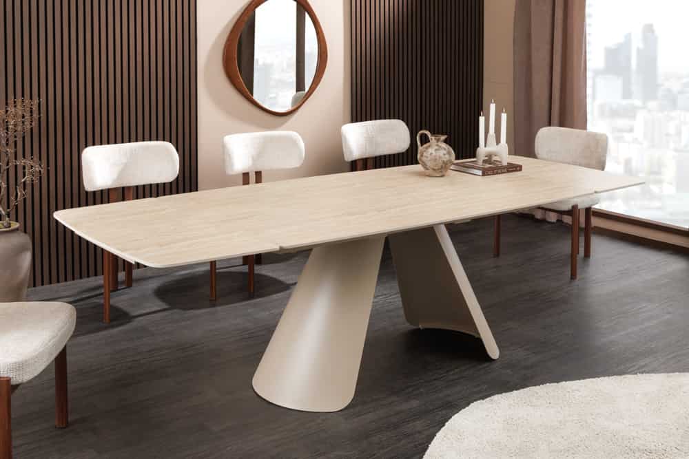 Ausziehbarer Esstisch VOGUE 160-200-240cm beige Keramik Travertin Metall champagner greige