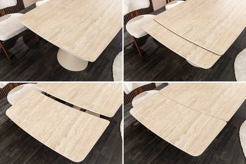 Ausziehbarer Esstisch VOGUE 160-200-240cm beige Keramik Travertin Metall champagner greige