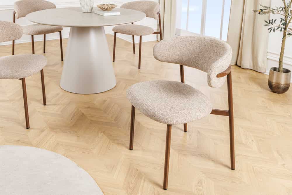 Design Stuhl BELFORT taupe beige Strukturstoff Metallgestell Walnuss