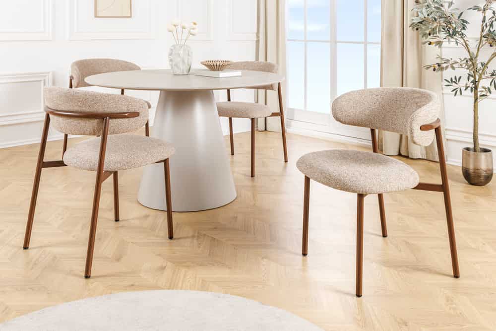 Design Stuhl BELFORT taupe beige Strukturstoff Metallgestell Walnuss