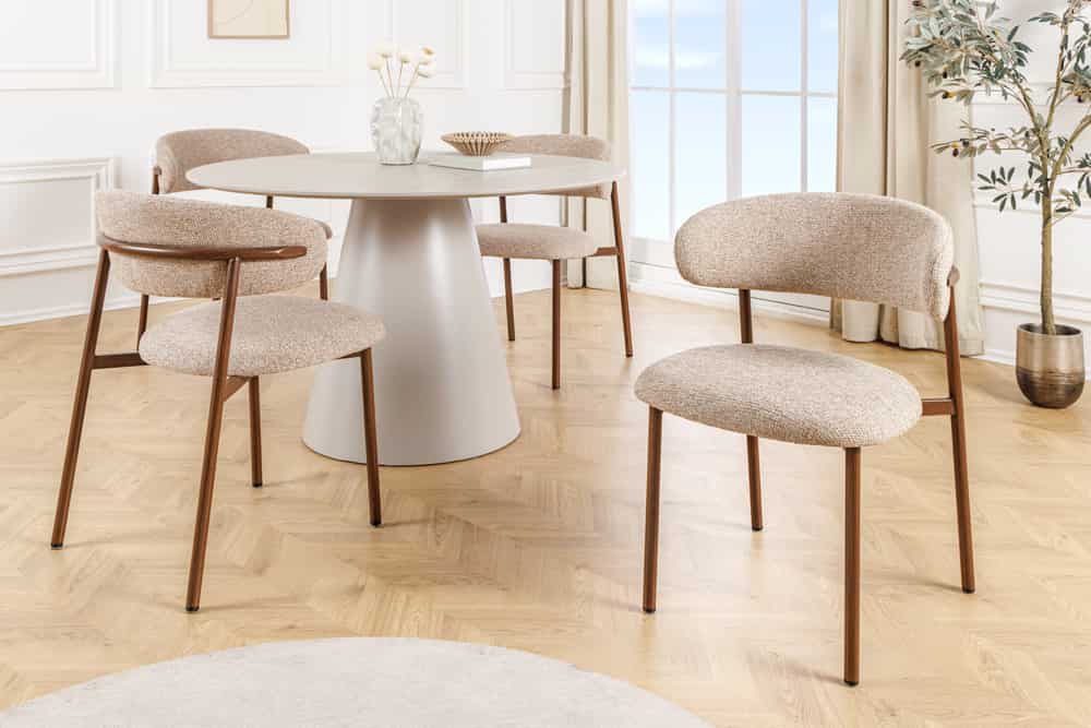 Design Stuhl BELFORT taupe beige Strukturstoff Metallgestell Walnuss