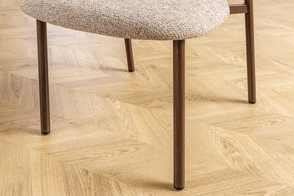 Design Stuhl BELFORT taupe beige Strukturstoff Metallgestell Walnuss