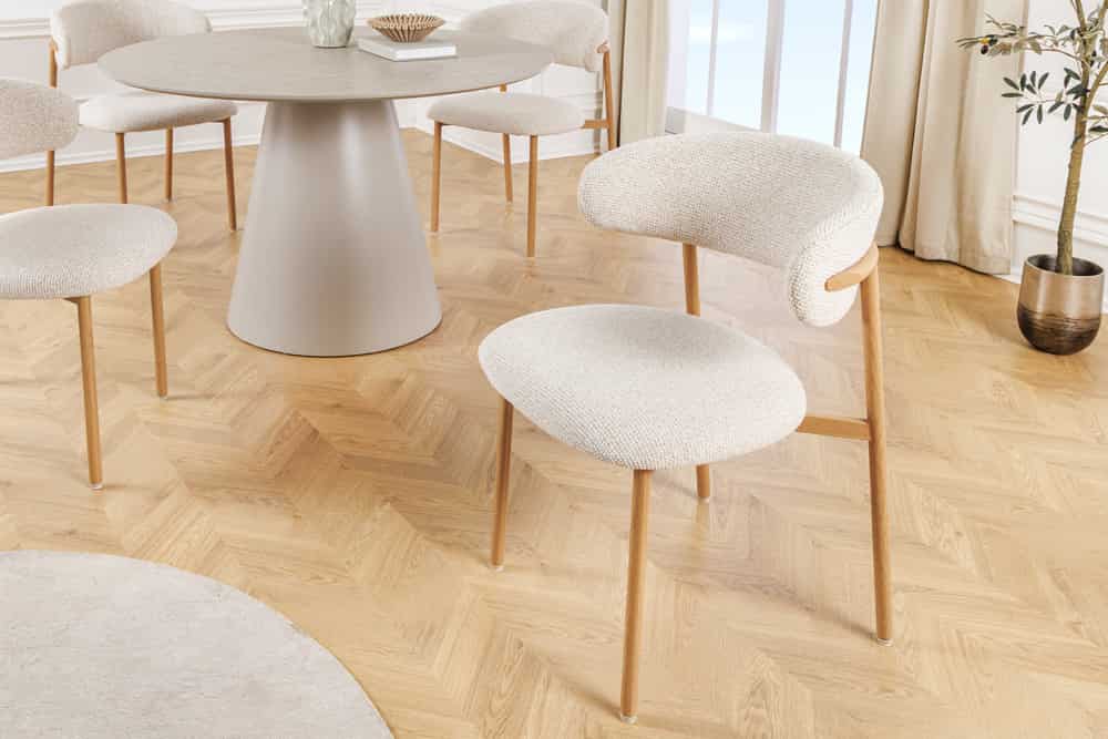 Design Stuhl BELFORT beige Strukturstoff Metallgestell Eiche