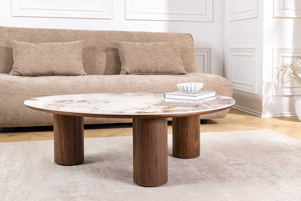 Stilvoller Couchtisch ORGANIKO 110cm weiß braun Walnuss Pandora Keramik