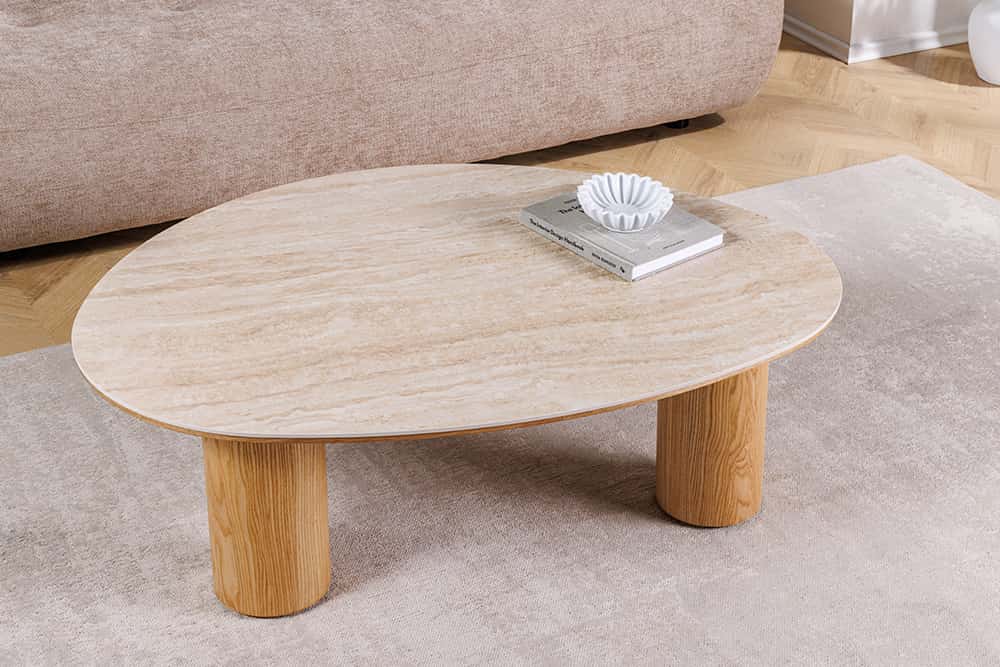 Stilvoller Couchtisch ORGANIKO 110cm natur Eiche Travertin Keramik