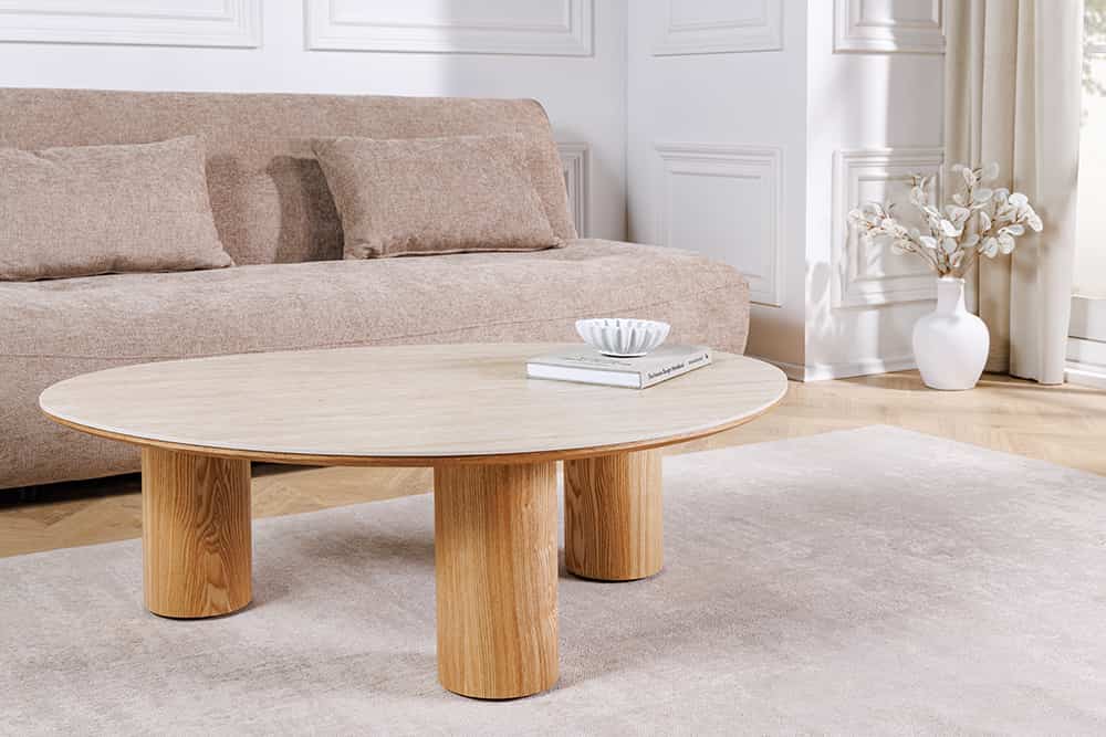 Stilvoller Couchtisch ORGANIKO 110cm natur Eiche Travertin Keramik