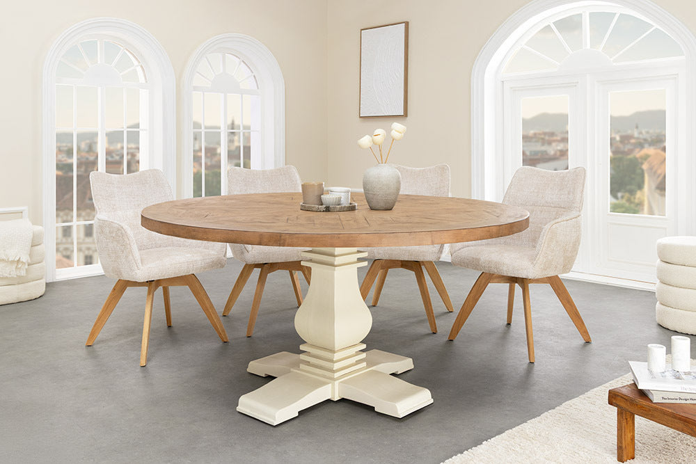 Runder Esstisch HAMPTONS hellbraun creme recycelte Pinie Massivholz