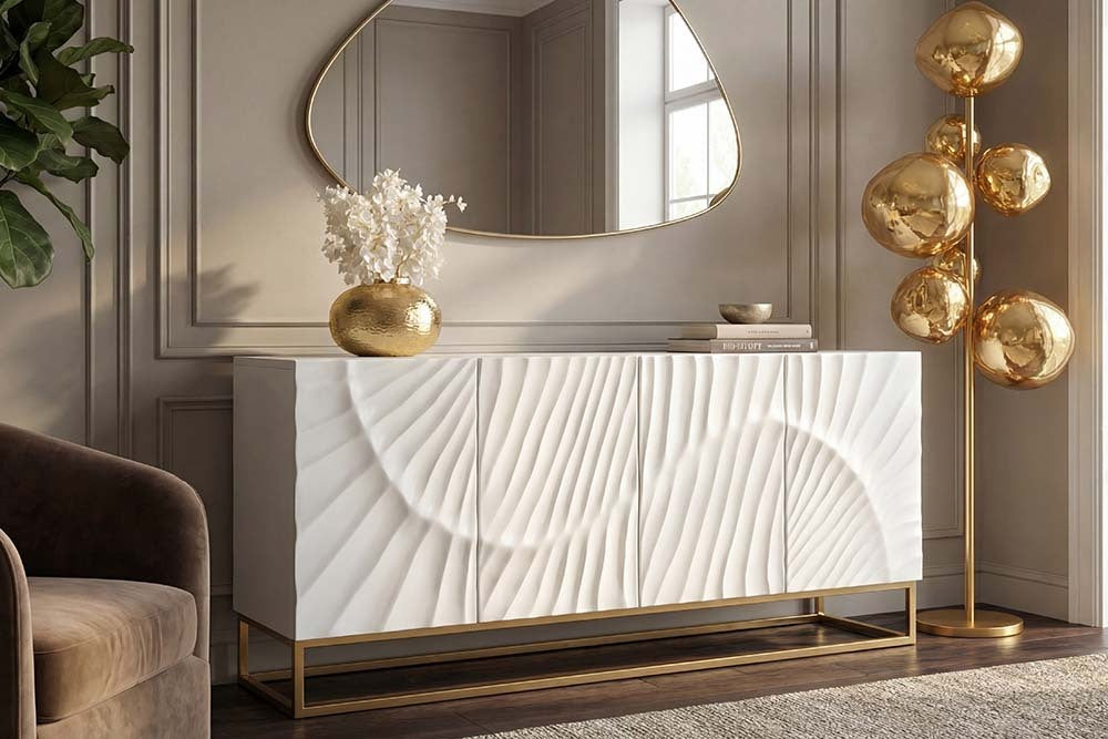 Massives Sideboard SCORPION 180cm weiß Mangoholz gold Metall 3D-Schnitzereien