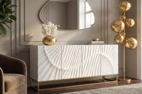 Massives Sideboard SCORPION 180cm weiß Mangoholz gold Metall 3D-Schnitzereien