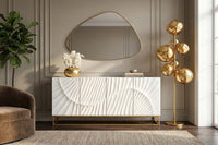 Massives Sideboard SCORPION 180cm weiß Mangoholz gold Metall 3D-Schnitzereien