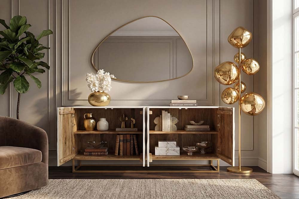 Massives Sideboard SCORPION 180cm weiß Mangoholz gold Metall 3D-Schnitzereien